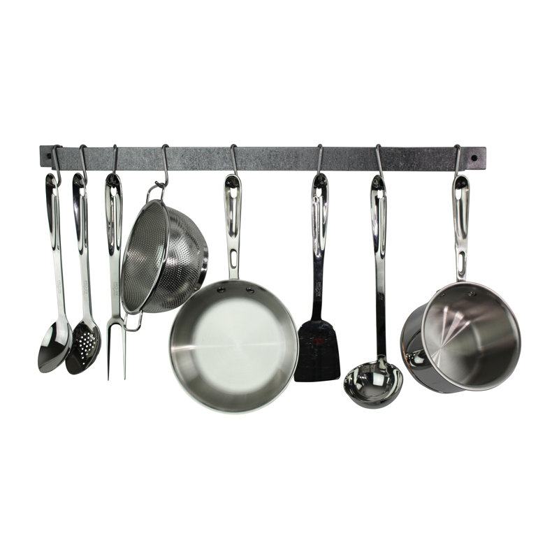 Handcrafted Easy Mount Wall Rack with 6 Hooks, 3" H x 30" W x 3" D, Hammered Steel