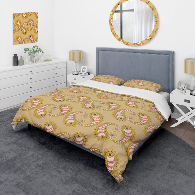 Ensemble de housse de couette à motif floral cachemire brun - Polyester microfibre