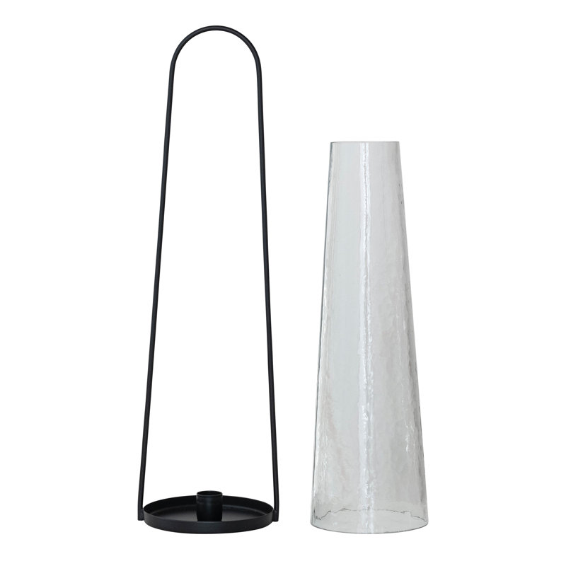 Porte-lanterne rond en métal avec ouragan en verre martelé