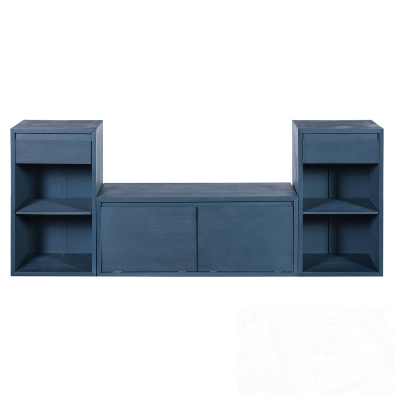 Storage Bench with Cushion, Compartments, Drawers and Open Shelves, Antique Navy