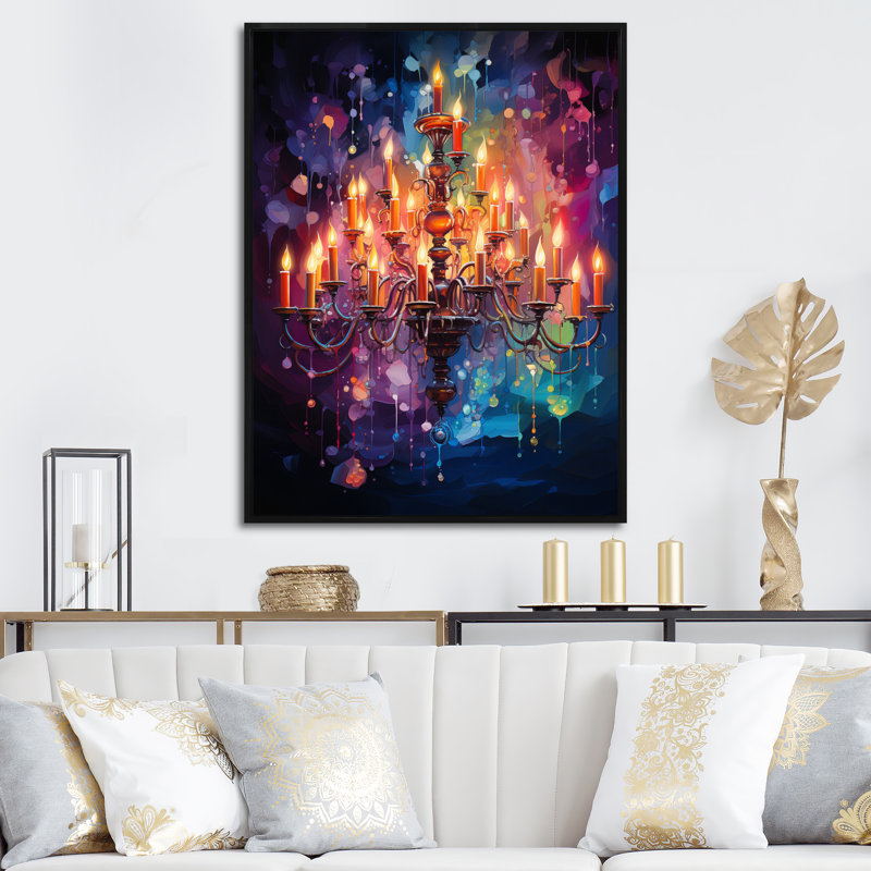 Larcenia " Chandelier Vibrant Reflections Pointillism ", Black Floater Framed, 20" H x 12" W x 1" D
