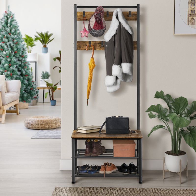 Arbre d'entrée Kinston Steel avec banc et rangement pour chaussures, Brun rustique