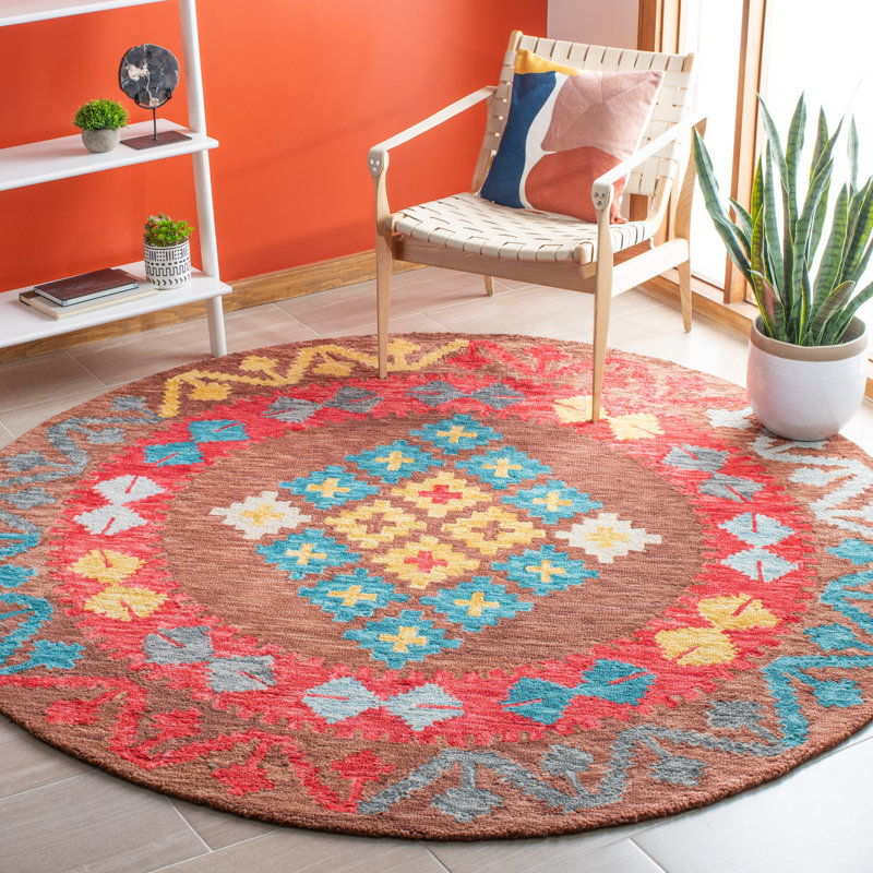 Tapis oriental en laine / coton / latex touffeté à la main en rouge / brun, Rond 7 pi