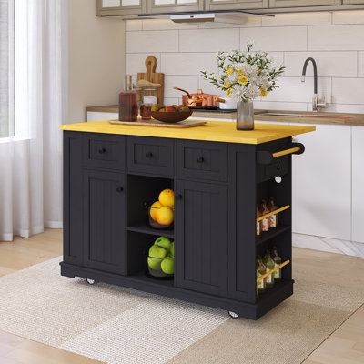 53" Drop-Leaf Countertop Kitchen Cart With Spice Rack & Towel Rack
