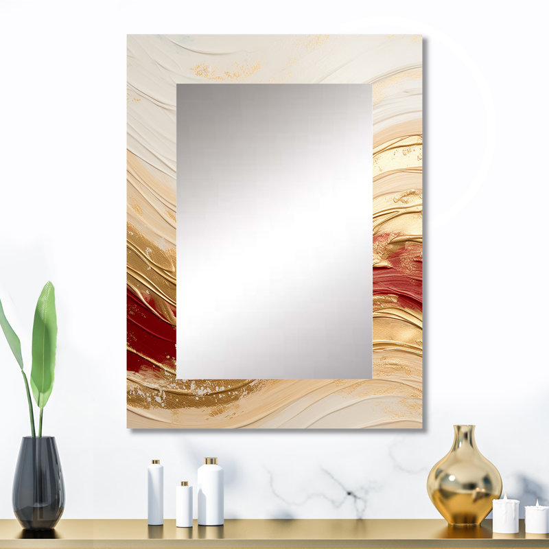 Gold And Red Soft Wave Fusion - Abstract Shapes Large Wall Mirror, Gold Unique Mirror, Printed Metal Art, 32" x 24"