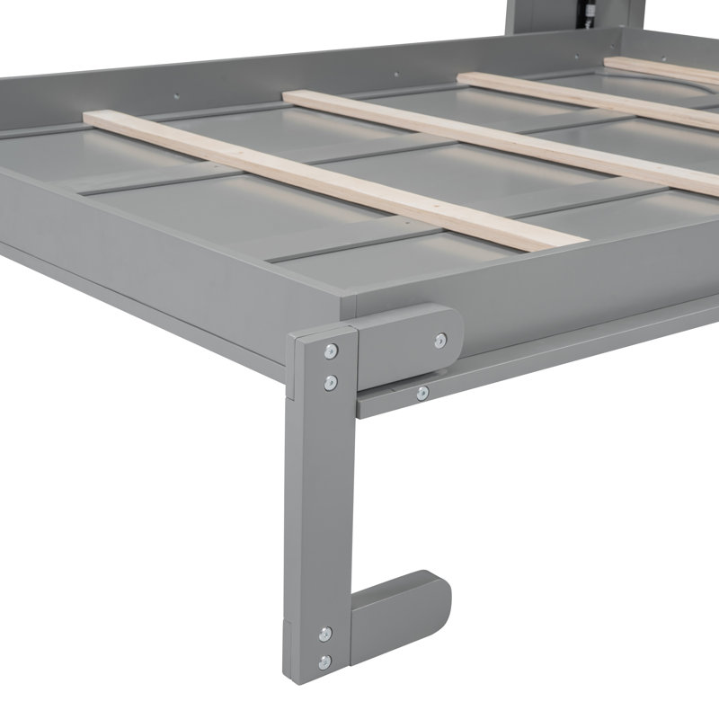 Lit escamotable double avec tablettes et système de levage à double piston lisse, Gris, Lit double
