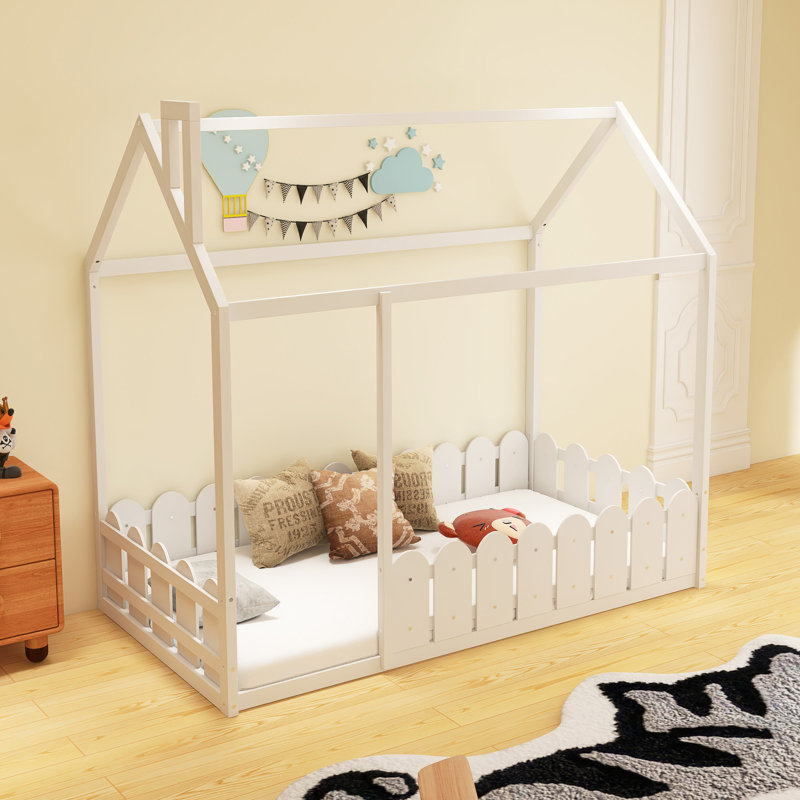 Cadre de lit en bois avec clôture, Lit simple, Blanc