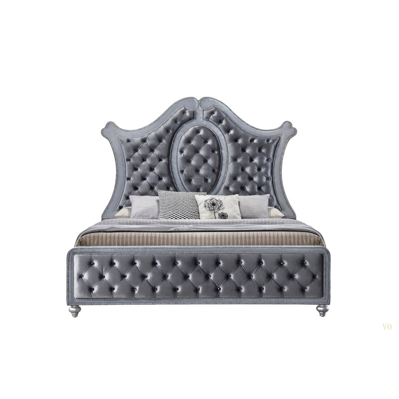 Lit de grand lit 1pc avec tête de lit capitonnée, revêtement luxueux et garniture cloutée complexe à motif de losanges touffeté de luxe moderne