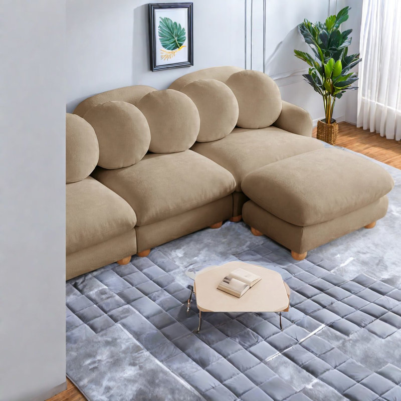 Grand canapé d'angle modulaire, canapé 5 places en chenille avec pouf, couleur camel moderne, Tanné