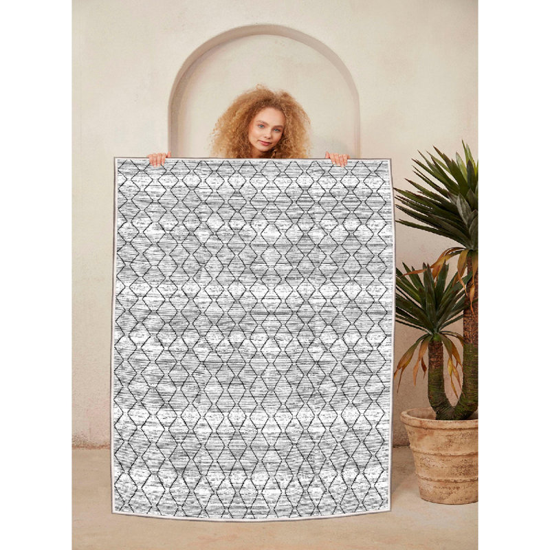 Luxurious Cotton Area Rug, 3.9 x 5.9 Feet | 100% Cotton, 1.6 lbs/sq ft, Pile Height: 0.4 in, Total Thickness: 0.3 in | Antibacterial, Non-Slip PVC Underside, Machine Washable | Elegant Cream, Grey & White Design for Home Décor