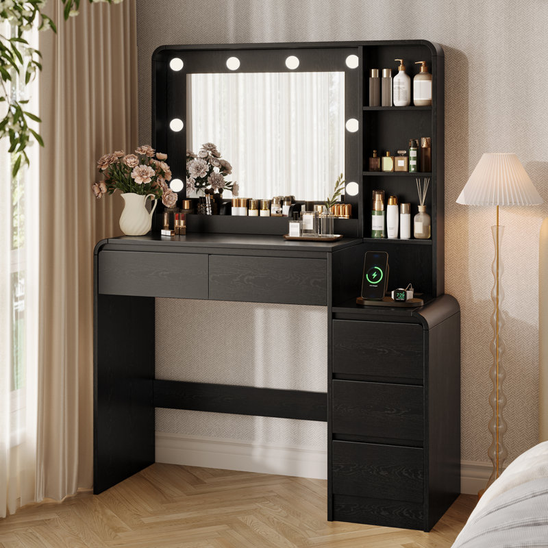 Meuble-lavabo noir moderne de 39 po avec miroir à DEL réglable 3 couleurs et station de charge multi-ports, 5 tiroirs et tablettes de rangement ouvertes