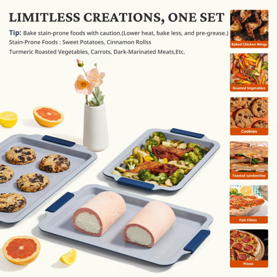 Ensemble de 3 plaques à pâtisserie antiadhésives en céramique, plaques à biscuits non toxiques (sans PFAS / PFOA / PTFE), plateaux de four en acier avec poignées en silicone, résistant à la rouille et à la déformation jusqu'à 500 ° F