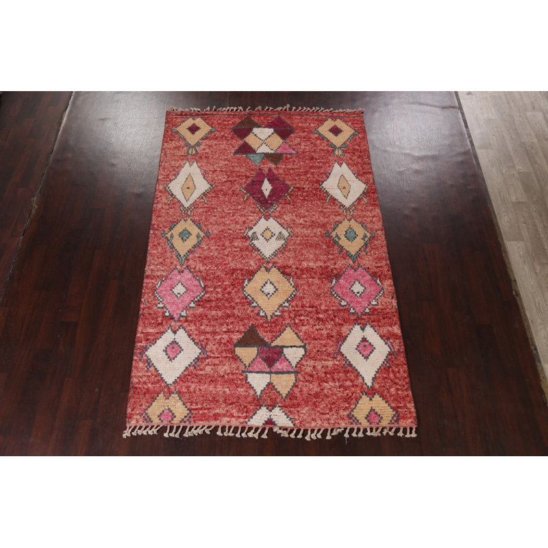 Tapis rouge en laine noué à la main de conception unique 6 pi 0 po x 9 pi 6 po