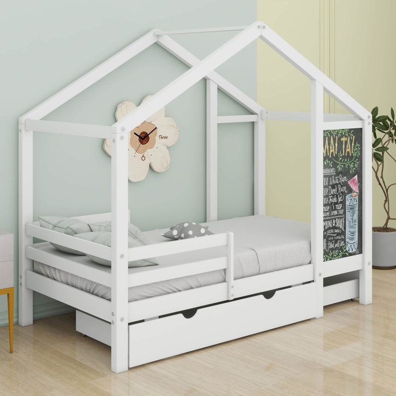 Twin Bed With 2 Storage Drawers, Solid Wood House Bed With Blackboard & Safety Guardrails