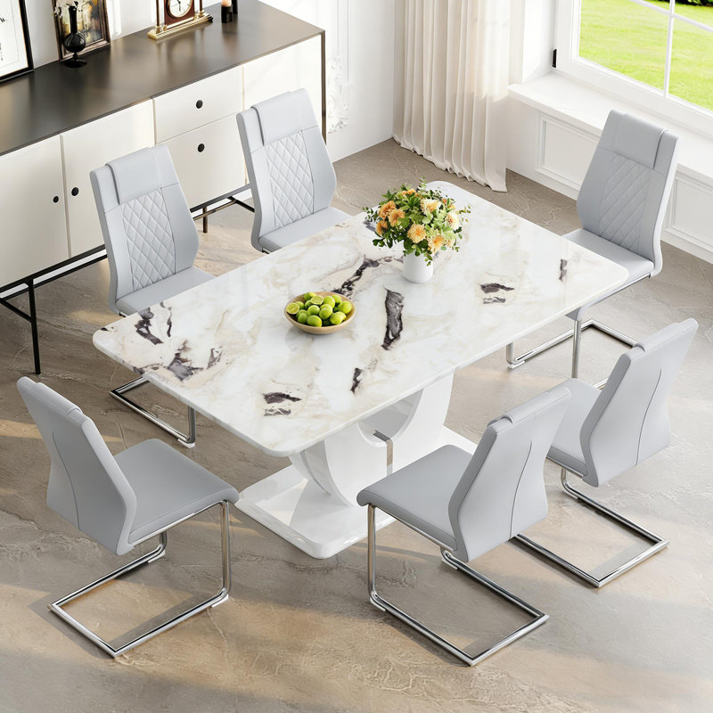 Ensemble de table de salle à manger 63 ", ensemble de table de salle à manger moderne avec chaises en similicuir, Gris clair