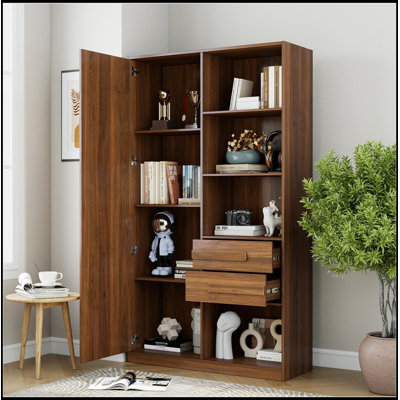 Armoire haute avec porte cannelée, 2 tiroirs et tablettes ouvertes