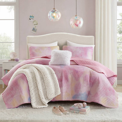 Ensemble de courtepointe à imprimé de teinture à l'aquarelle avec coussin décoratif, doux et confortable pour un sommeil de rêve