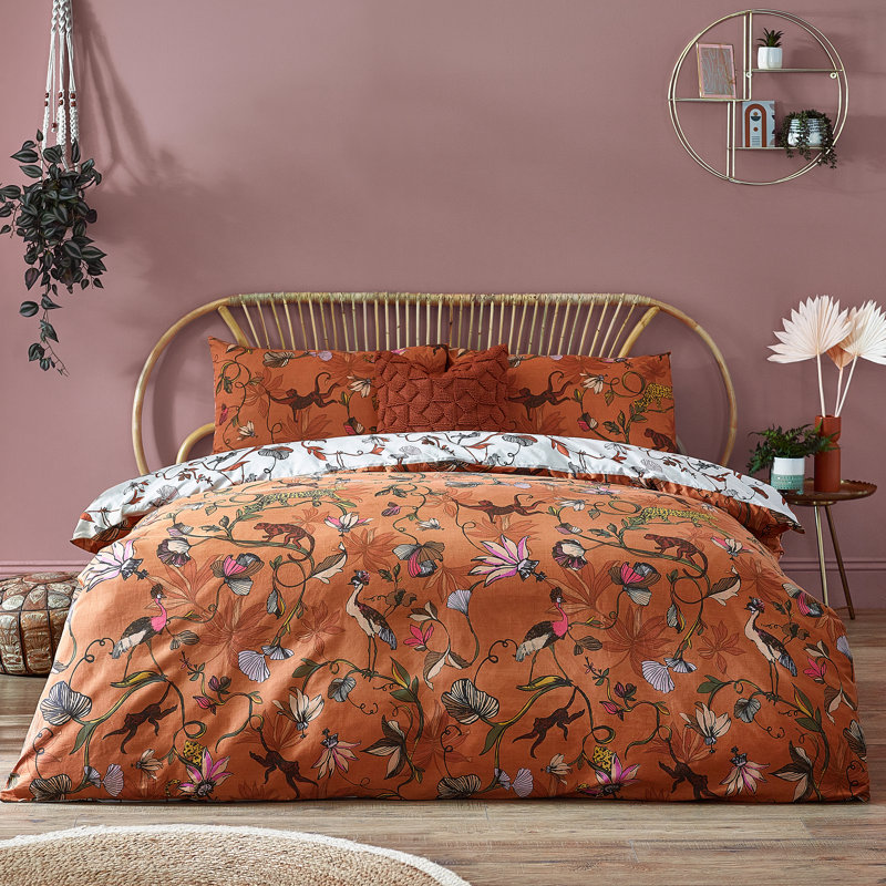 Wildlings Cotton Blend Floral Duvet Cover Set with Pillowcases, Double - 2 Standard Pillowcases, Sienna