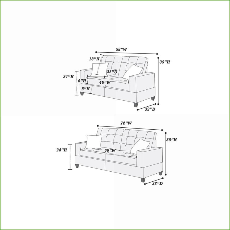 Sofas Couches, Modern 2pc Black Polyfiber Tufted Sofa Loveseat Set with Pillows | Black | Solid Pine