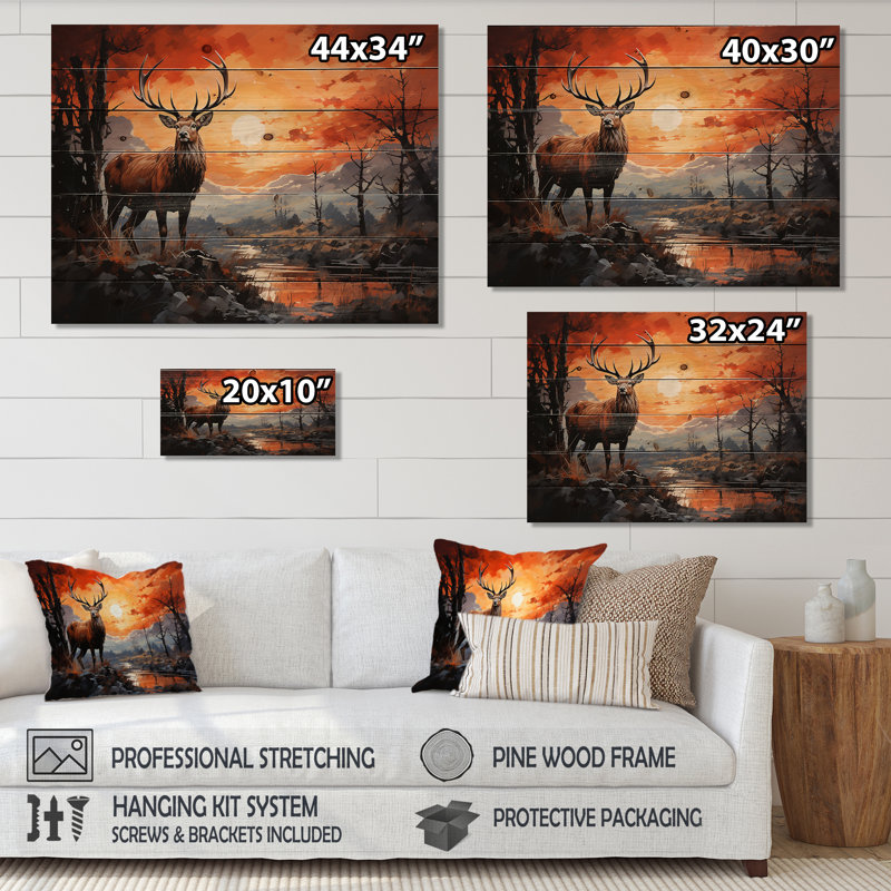 Silhouette de cerf audacieux - impression sans cadre sur bois, H 24 po x l 32 po x P 0,78 po
