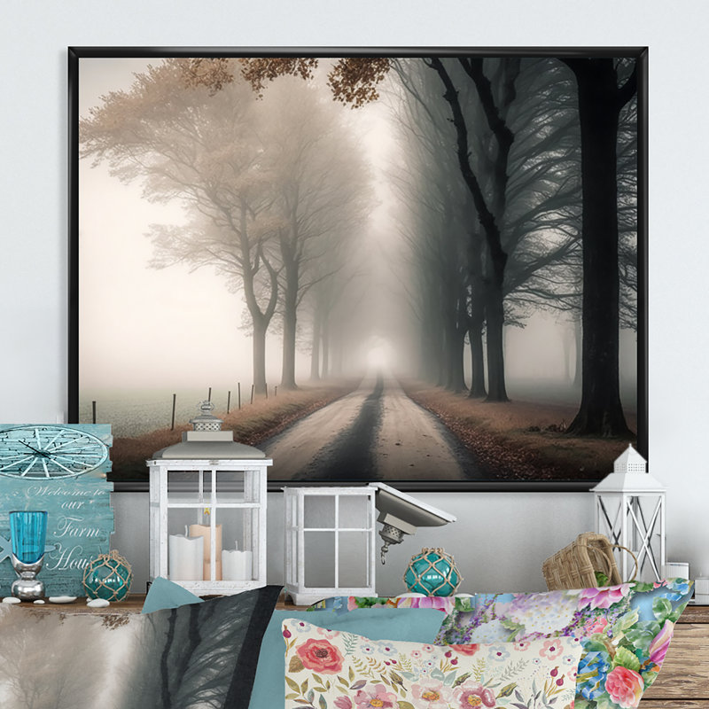 Art sur toile, "Misty Road Through The Forest II", H 12 po x l 20 po x P 1 po, Cadre flottant noir