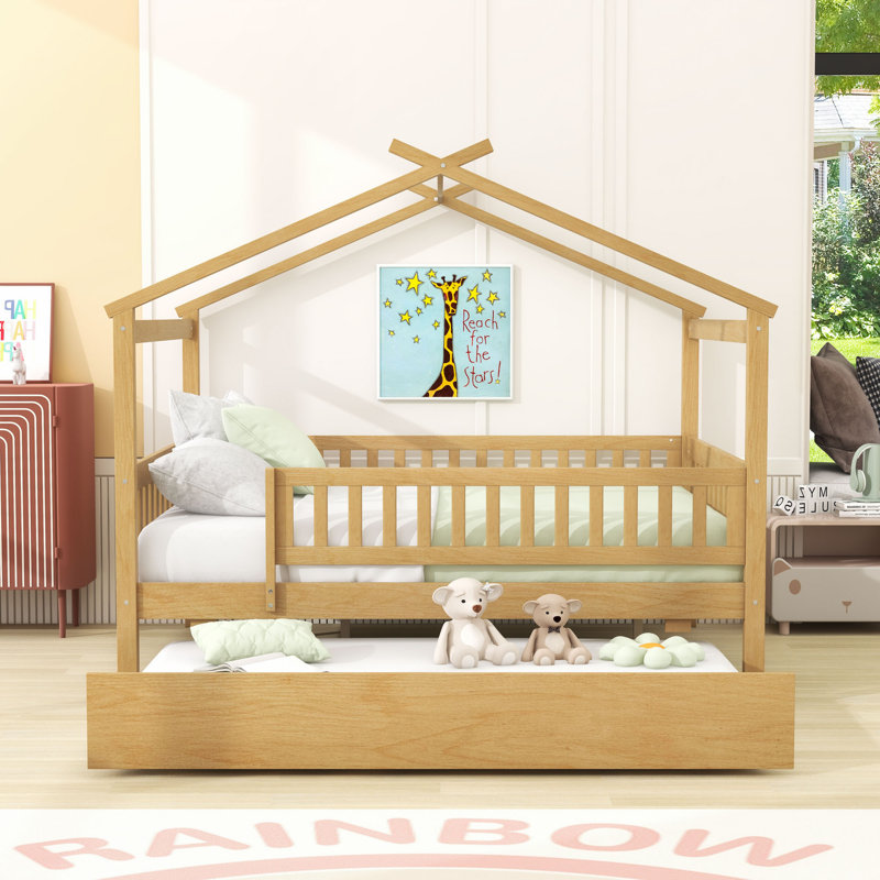 Full Wooden House Bed With Twin Trundle And Guardrails, Natural