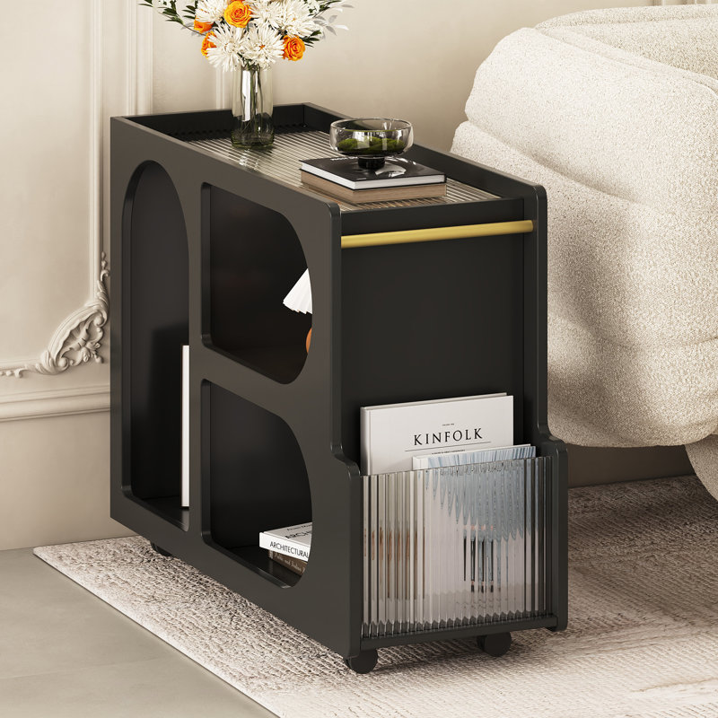 Mobile End Table With Lockable Wheels For Living Room, Black