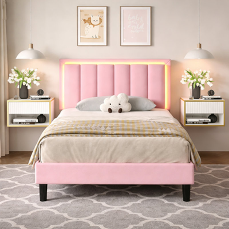 Ensemble de chambre à coucher 3 pièces Smart Bed en cuir avec 2 tables de chevet flottantes à DEL, Lit simple, Rose/Blanc