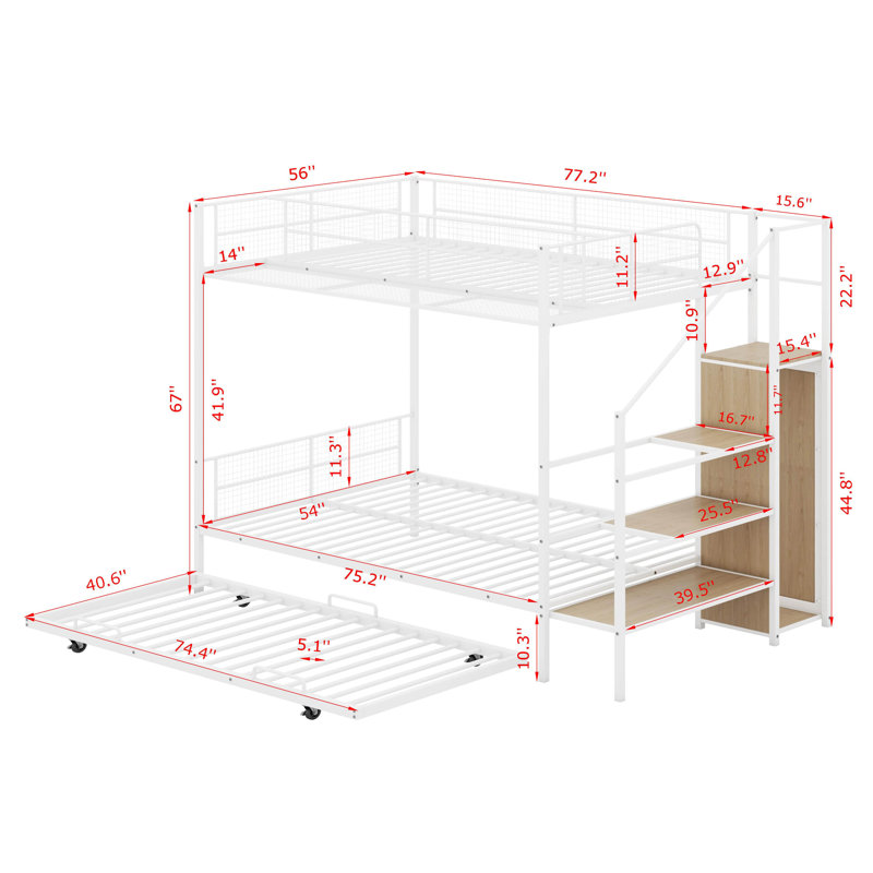 Lit superposé simple au-dessus d'un lit double en métal avec échelle de rangement et armoire latérale, Blanc