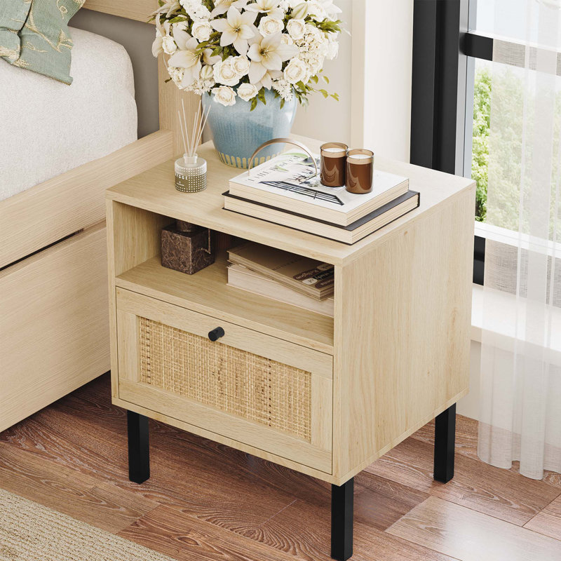 Aimara Rectangular Nightstand with Rattan Door, Natural, Set of 2
