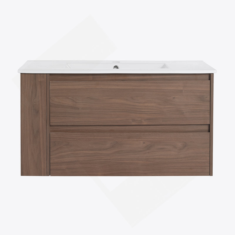 Meuble-lavabo mural avec lavabo en céramique, tiroir à fermeture en douceur, Chêne brun, 36"