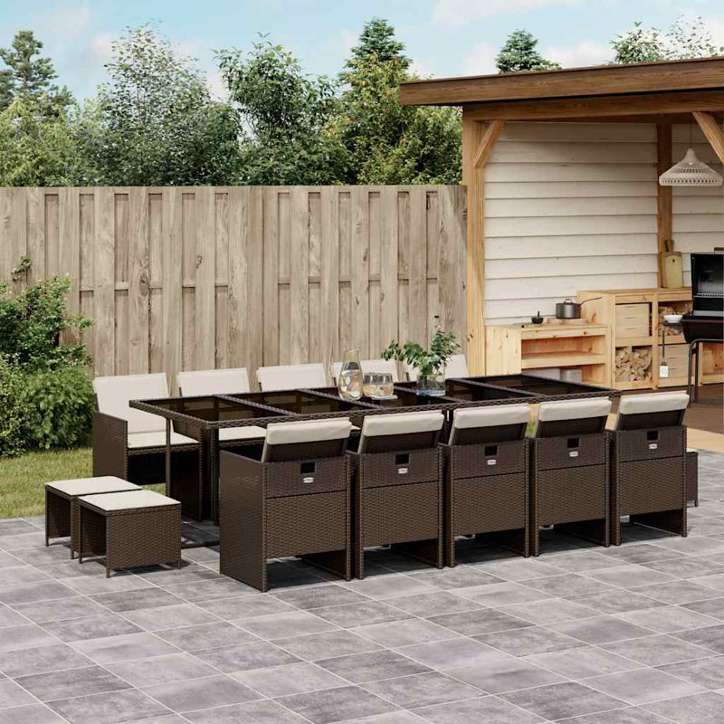 Garden Dining Set with Cushions Poly Rattan, Cream White, 15 Pieces: Table, 4 Stools, 10 Chairs, Brown