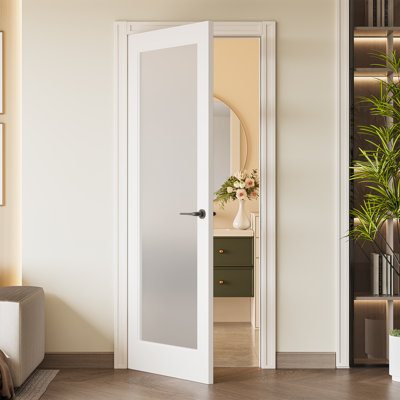 Primed Frosted Glass 1-Lite Solid Wood Slab Door Without Frame and Hardware Kit