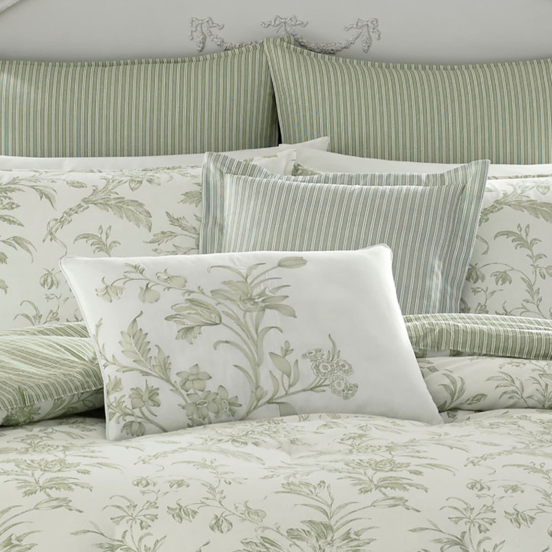Laura Ashley Natalie Floral Cotton Comforter Bonus Set, Twin Comforter + 2 Shams + 2 Throw Pillows, Green