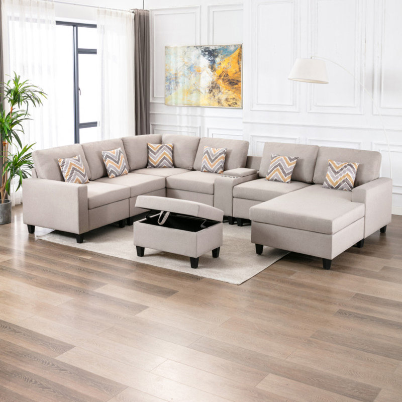 Canapé modulaire à méridienne réversible 8 pièces en tissu de 135 po avec pieds interchangeables, repose-pieds et USB
