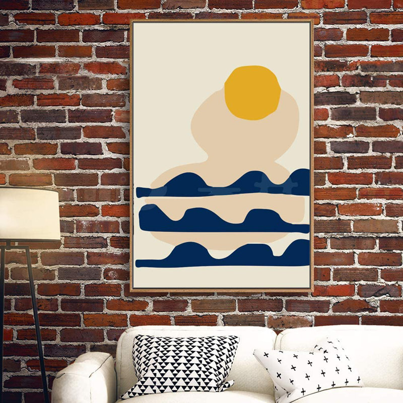 Abstrait, blocs de couleurs vibrantes, impression sur toile encadrée, soleil jaune sur des vagues bleues abstraites, motifs géométriques, illustrations, art moderne, chic, relax / calme ultra pour le salon, la chambre à coucher, le bureau