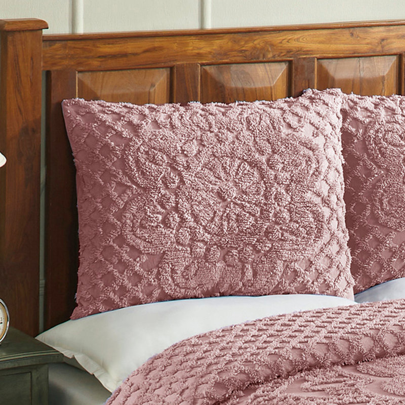 Ensemble de couvre-lit en chenille de grande taille Trevor, ensemble de couvre-lit 100% coton avec 2 taies décoratives standard, literie traditionnelle héritage texturée, confort toutes saisons doux et respirant, certifié OEKO-TEX, rose