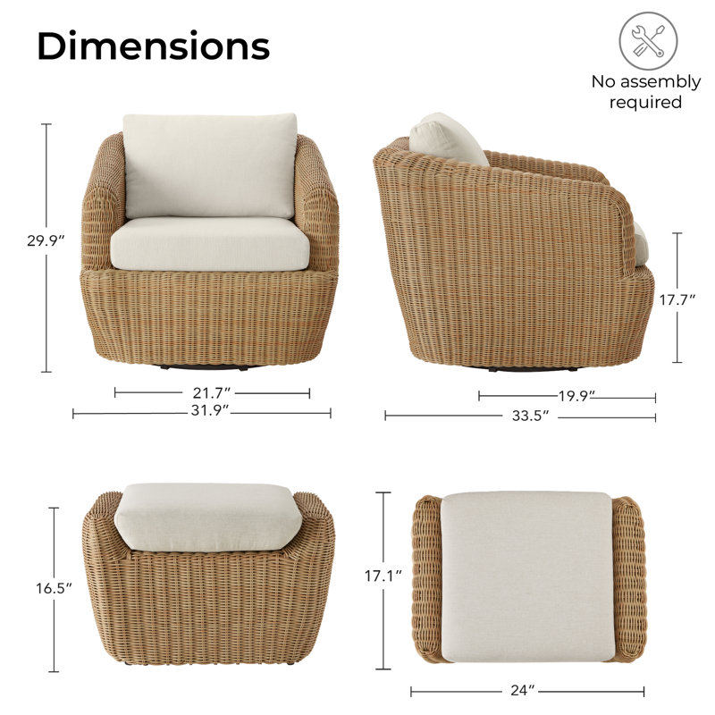 Ensemble de fauteuil demi-tonneau et repose-pieds en osier PE pivotant Cambelle, Blanc, Naturel