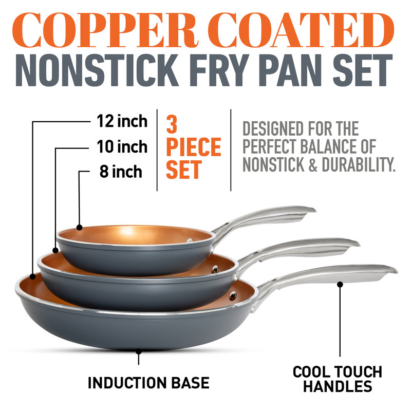 Gotham Steel Copper 3 Piece Nonstick Fry Pan Set - 8'',10'', And 12''