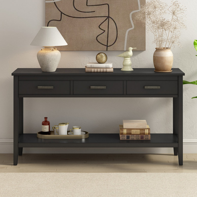 Modern 3-Drawer Console Table with Storage Shelf, Black