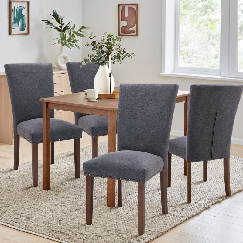 Nailhead Trim Fabric Upholstered Side Chair Wood Dining Chair (Set of 4), Gray