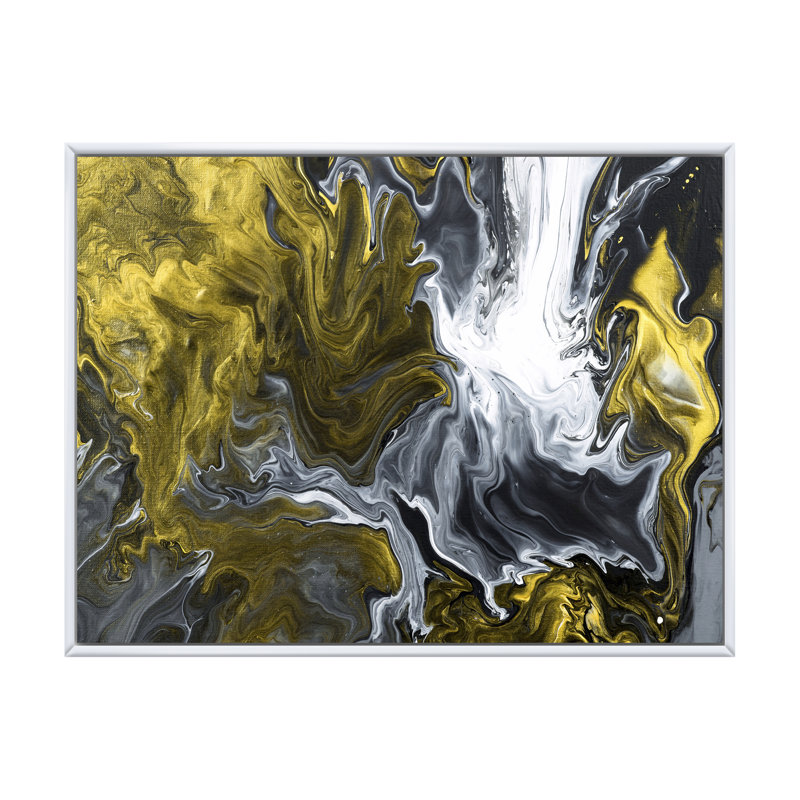 Jaune jaune et noir liquide Art Waves II - peinture sur toile, Toile à cadre flottant blanc, H 34 po x l 44 po