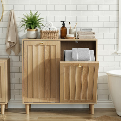 Armoire à linge en bois avec panier amovible et tablettes réglables, armoire de rangement pour salle de bain autoportante, chêne