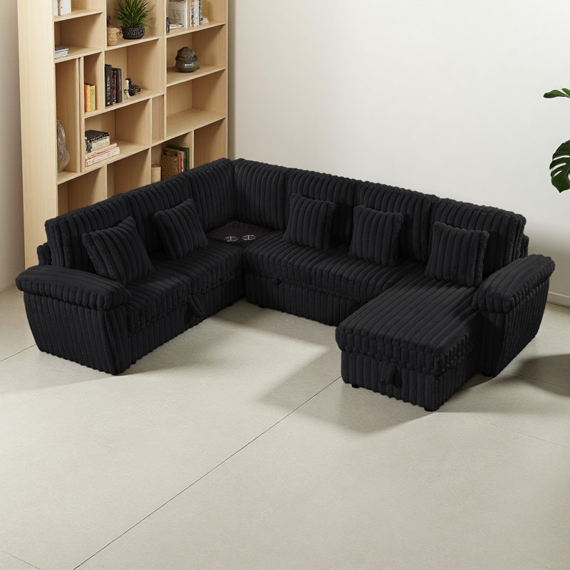 Canapé modulaire en velours côtelé de 103 pouces en U très moelleux avec rangement et lit escamotable, table basse d'angle avec porte-gobelet et port USB; convient au salon