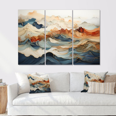 Abstract Orange And Blue River Ink III - Marble Canvas Art Set