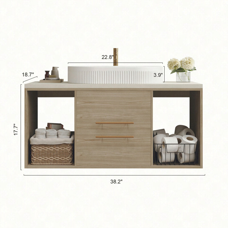 Meuble-lavabo flottant moderne de 38,2 po: armoire en bois, lavabo en céramique, tiroirs et tablette à fermeture en douceur