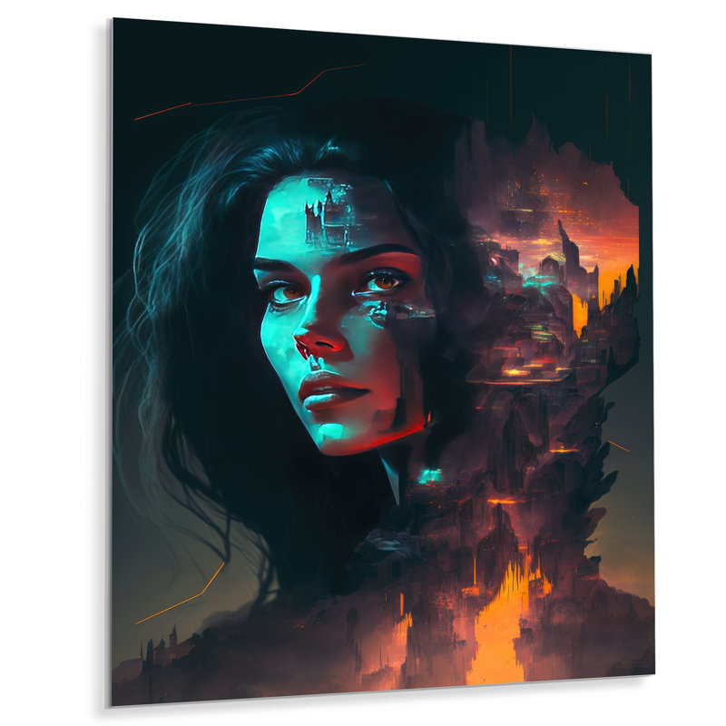 Portrait de femme double exposition Sci-Fi IV - Décoration murale contemporaine en métal glam, H 32 po x l 24 po x P 1 po