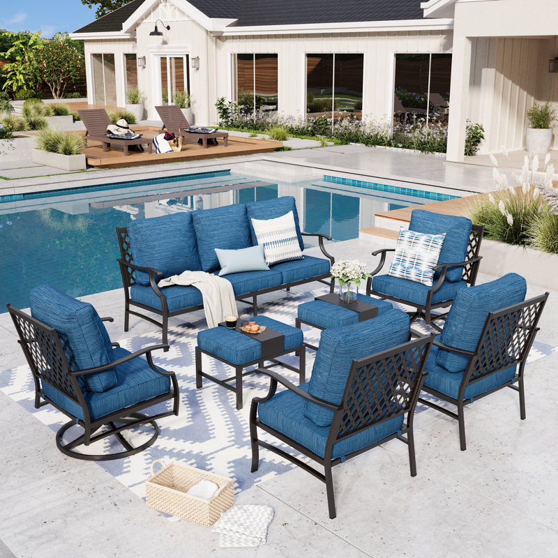 Ensemble de conversation de patio pour 9 personnes avec 2 fauteuils pivotants Akadian, Non, Coussin Pro bleu paon performance