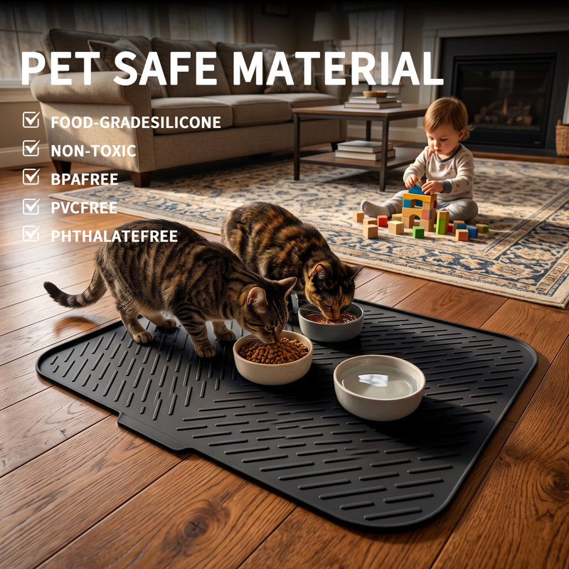 Tapis de litière extra large 90 x 68 cm, en silicone imperméable, pour plusieurs chats, noir., Noir