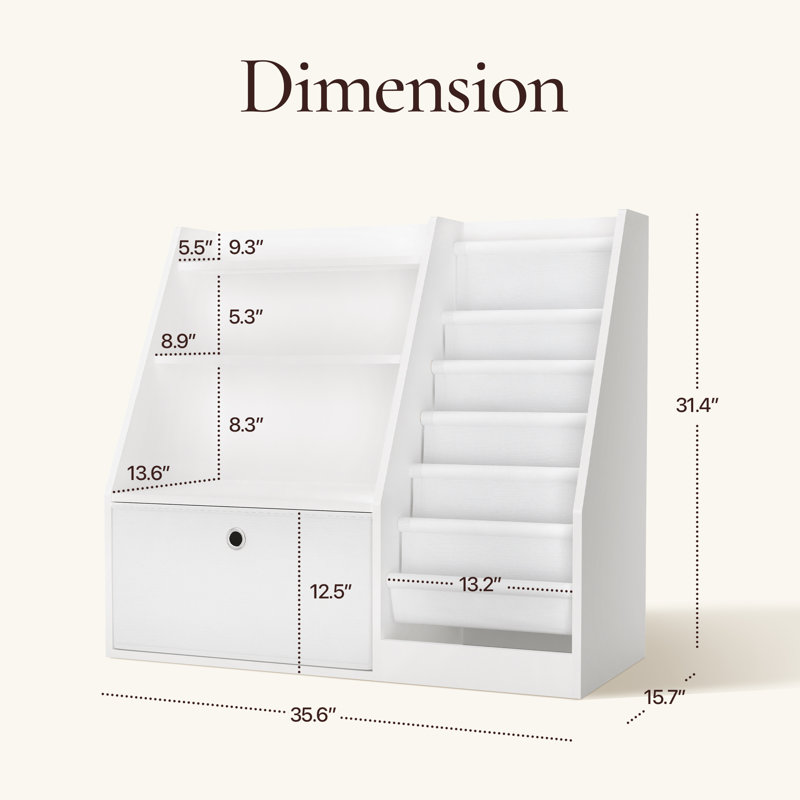 White 3 - Tier Kids Bookcase with Fabric Slings for Bedroom or Playroom, (3 Shelves) 31.4"H x 35.6"W x 15.7"D, White